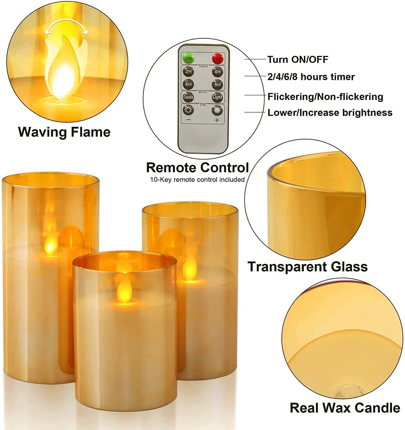 VEROX Flameless Led Glass Electric Candle With Aa Battery Powered Real Wax Candle Light Comes In Moving Flame Effect With Timer Remote (Pack of 1   Remote)