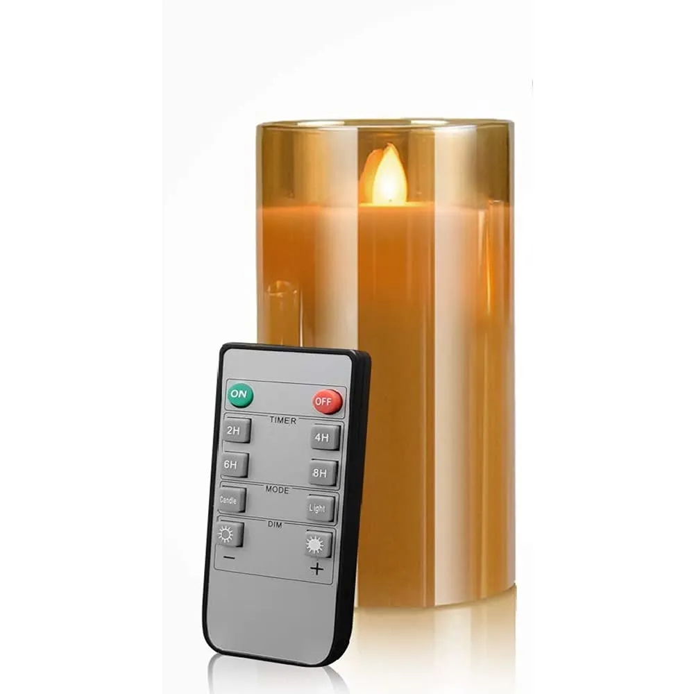 VEROX Flameless LED Glass Pillar Electric Candle for Home Decoration 3xAAA Battery Powered 6X3 inch Real Wax with Flickering Effect Remote Controlled with Timer (Pack of 1)