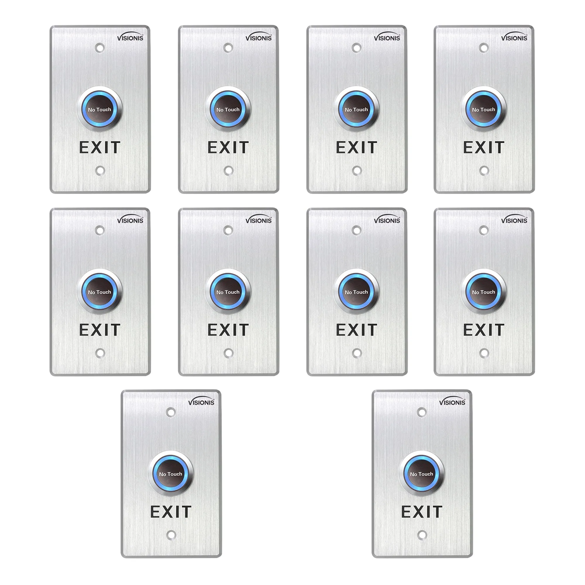 Visionis 10 Pack FPC-7550 VIS-7013 Indoor Stainless Steel No Touch Request To Exit Button With Timer Delay Standard Size With LED Light NC COM And NO Outputs