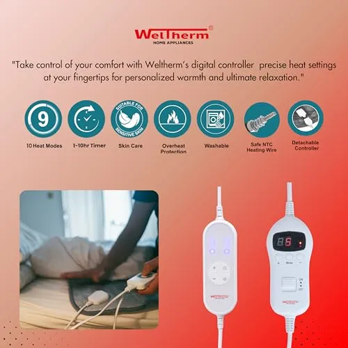 WELTHERM Coral Fleece Electric Bed Warmer | Electric Under Blanket | Single Bed(150cms x 80cms) | 9 Heat Modes | 9 Hour Timer | Over Heat Protection | NTC Technology | Digital LED Controller | UB-CFS