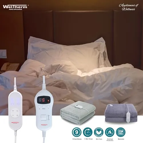 WELTHERM Coral Fleece Electric Bed Warmer | Electric Under Blanket | Single Bed(150cms x 80cms) | 9 Heat Modes | 9 Hour Timer | Over Heat Protection | NTC Technology | Digital LED Controller | UB-CFS