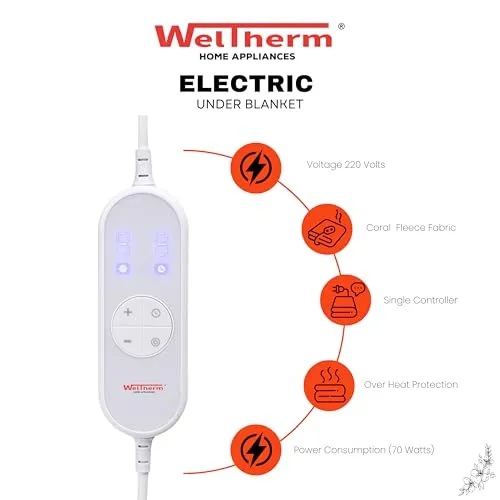 WELTHERM Coral Fleece Electric Bed Warmer | Electric Under Blanket | Single Bed(150cms x 80cms) | 9 Heat Modes | 9 Hour Timer | Over Heat Protection | NTC Technology | Digital LED Controller | UB-CFS