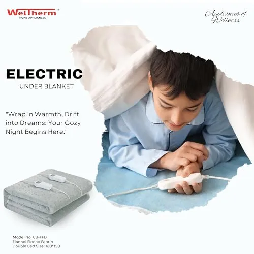 WELTHERM Flannel Fleece Electric Bed Warmer | Electric Under Blanket | Double Bed(160 x 150cms) | 9 Heat Settings | 2-10 Hour Timer | Digital LED Controller | Multizone Heat Settings | UB-FFD