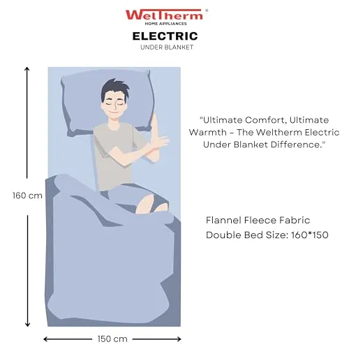 WELTHERM Flannel Fleece Electric Bed Warmer | Electric Under Blanket | Double Bed(160 x 150cms) | 9 Heat Settings | 2-10 Hour Timer | Digital LED Controller | Multizone Heat Settings | UB-FFD