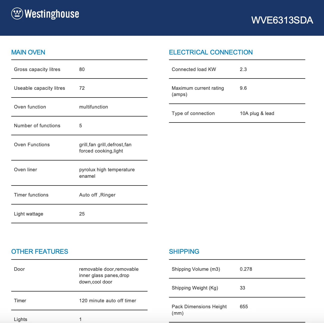 Westinghouse WVE6313SDA 60m Stainless Steel Electric Oven - Westinghouse Seconds Discount