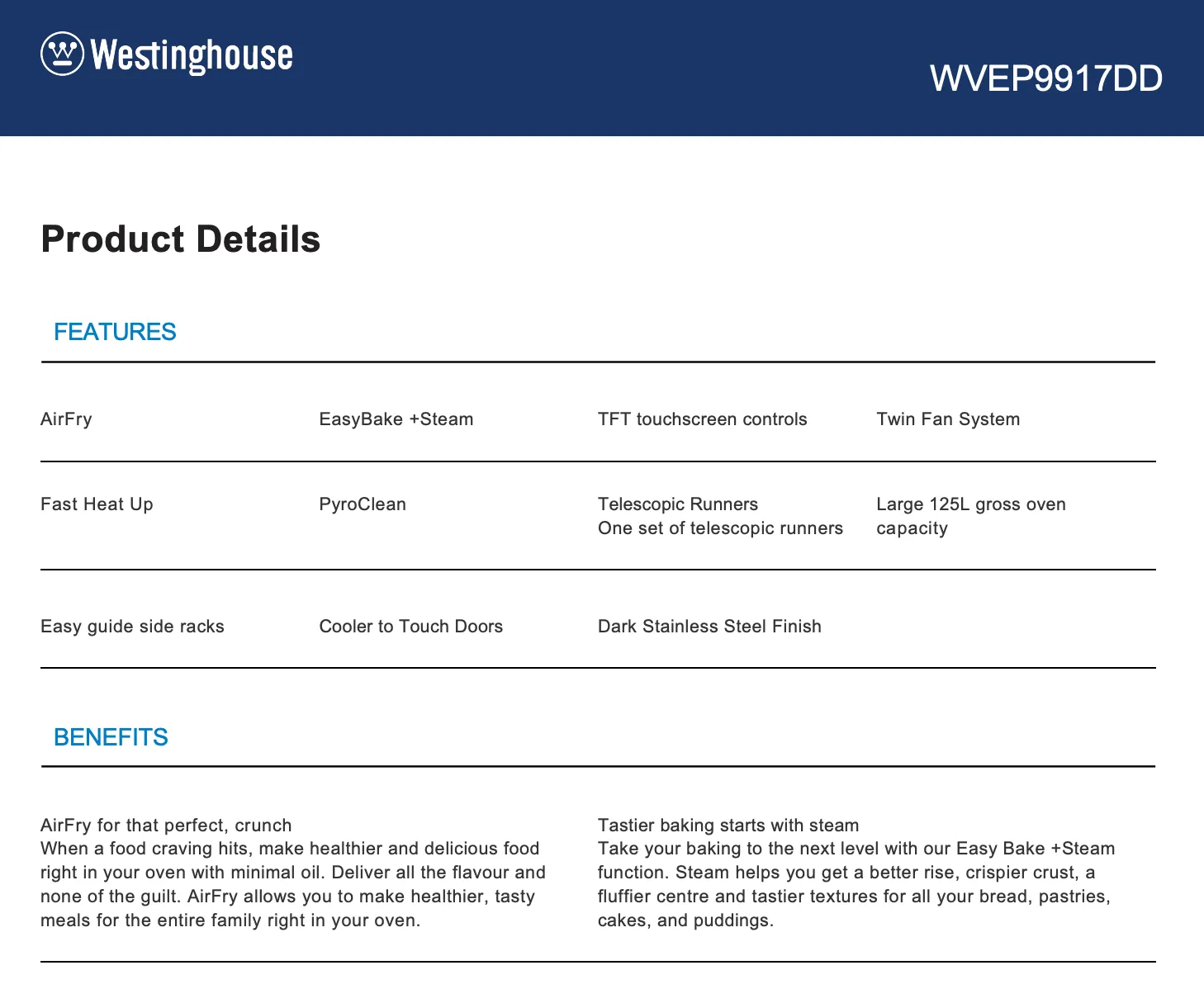 Westinghouse WVEP9917DD 90cm Pyrolytic Electric Built-In Oven - Westinghouse Clearance and Seconds Discount